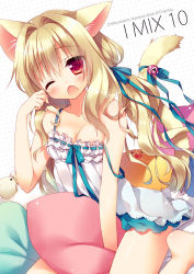 Rule 34 | 1girl, animal ears, barefoot, bell, blonde hair, blush, cat ears, cat tail, chestnut mouth, dress, fang, hair intakes, hair ribbon, long hair, low twintails, one eye closed, open mouth, original, pillow, red eyes, ribbon, rubbing eyes, sazaki ichiri, solo, strap slip, tail, tail bell, tail ornament, tail ribbon, twintails, yawning