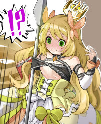 Rule 34 | !?, 1girl, @ @, absurdres, areola slip, artist request, blonde hair, blush, book, breasts, celine (fire emblem), crown, fire emblem, fire emblem engage, green eyes, hair ornament, highres, long hair, nintendo, polearm, small breasts, solo, spear, upper body, weapon