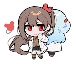 Rule 34 | 1005nemui, 2girls, angela (project moon), back-to-back, black skirt, blue hair, brown hair, brown shirt, carmen (project moon), closed mouth, coat, collared shirt, commentary, hashtag-only commentary, high ponytail, highres, lab coat, lobotomy corporation, long hair, looking to the side, multiple girls, project moon, red eyes, shirt, skirt, smile, symbol-only commentary, very long hair, white coat