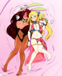 Rule 34 | 2girls, absurdres, animal ears, blonde hair, blush, breasts, covered erect nipples, erza scarlet, fairy tail, fake animal ears, female focus, highres, large breasts, lucy heartfilia, multiple girls, playboy bunny, rabbit ears, red hair, smile