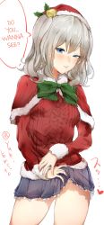 Rule 34 | 10s, 1girl, aran sweater, bell, blue eyes, blush, breasts, cable knit, capelet, christmas, clothes lift, hair bell, hair ornament, hard-translated, hat, highres, kantai collection, kashima (kancolle), long hair, looking at viewer, naughty face, no panties, santa hat, silver hair, skirt, skirt lift, smile, solo, sweat, sweater, text focus, third-party edit, translated, tsurime, twintails, wavy hair, yakitomato