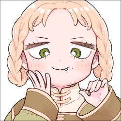Rule 34 | 1girl, 4koma, blonde hair, blush, braid, closed mouth, comic, commentary request, elden ring, fang, green eyes, kari (kakko k), long sleeves, looking at viewer, mole, mole under mouth, portrait, rya (elden ring), simple background, smile, solo, white background