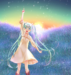 Rule 34 | 1girl, :d, aqua hair, arm up, blue eyes, boots, dress, eeteru, female focus, grass, hair ribbon, hatsune miku, long hair, nature, open mouth, outdoors, plant, pointing, ribbon, sky, smile, solo, twintails, very long hair, vocaloid
