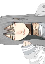 Rule 34 | 1girl, black choker, blood, blood from mouth, choker, collarbone, commentary request, earclip, grey eyes, grey hair, grey sailor collar, hair between eyes, highres, hoshi san 3, long hair, long sleeves, looking at viewer, original, portrait, sailor collar, school uniform, serafuku, shirt, sidelocks, simple background, sleeves past wrists, solo, white background, white shirt