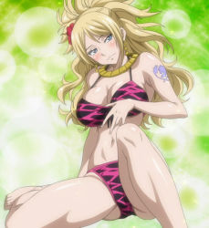 Rule 34 | 1girl, bikini, blonde hair, blue eyes, blush, breasts, cleavage, earrings, fairy tail, female focus, flower, hair flower, hair ornament, highres, jenny realight, jewelry, large breasts, navel, necklace, screencap, solo, stitched, swimsuit, tattoo, third-party edit