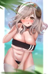 Rule 34 | 1girl, :q, absurdres, ahoge, artist name, blurry, blurry background, blush, breasts, brown eyes, cleavage, clenched hand, commission, green hairband, grey hair, hairband, highres, horizontal pupils, horns, indie virtual youtuber, large breasts, long hair, lyla sheepi, navel, nikkie viore, one-piece swimsuit, see-through one-piece swimsuit, see-through swimsuit, sheep girl, sheep horns, swimsuit, tongue, tongue out, virtual youtuber