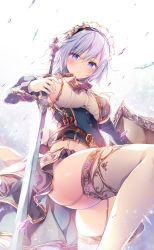 Rule 34 | 1girl, absurdres, ass, banned artist, belt, blue eyes, blush, breasts, brown belt, detached sleeves, dutch angle, floral print, from above, garter belt, gloves, gold trim, hair between eyes, highres, himeji shirayuki, holding, holding shield, holding sword, holding weapon, konomi (kino konomi), large breasts, liar liar, long hair, long sleeves, looking at viewer, maid headdress, midriff, shield, sideboob, silver hair, skindentation, solo, sword, thighhighs, weapon, white gloves, white thighhighs