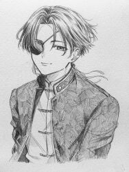 Rule 34 | 1boy, chinese clothes, cropped torso, earrings, eyepatch, hayato suou, highres, jacket, jewelry, male focus, ogrpu, open clothes, open jacket, popo po731, short hair, smile, solo, traditional media, wind breaker (nii satoru)