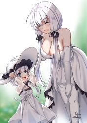Rule 34 | 2girls, :d, ^ ^, arm support, as4gi, azur lane, bent over, blunt bangs, breasts, cleavage, closed eyes, commentary request, dress, elbow gloves, gloves, grey eyes, hair ribbon, hat, unworn hat, headpat, unworn headwear, height difference, highres, illustrious (azur lane), large breasts, little illustrious (azur lane), long hair, looking at another, mole, mole under eye, mother and daughter, multiple girls, name connection, open mouth, pantyhose, ribbon, see-through, see-through sleeves, sidelocks, size difference, sleeveless, smile, strapless, strapless dress, tress ribbon, tri tails, white background, white dress, white gloves, white legwear