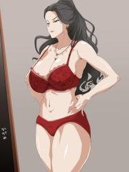 Rule 34 | 10s, 1girl, bare shoulders, black hair, bra, breasts, cleavage, earrings, executive mishiro, female focus, green eyes, hair slicked back, hand on own hip, idol, idolmaster, idolmaster cinderella girls, jewelry, large breasts, long hair, mature female, navel, necklace, red bra, simple background, solo, thick thighs, thighs, tsubooi, underwear