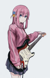 Rule 34 | 1girl, black skirt, blue eyes, bocchi the rock!, bokuya, commentary request, cube hair ornament, electric guitar, fender stratocaster, gotoh hitori, guitar, hair ornament, hair over eyes, highres, holding, holding plectrum, instrument, jacket, long hair, long sleeves, looking at viewer, one side up, pink hair, pink jacket, pleated skirt, plectrum, sidelocks, simple background, skirt, sleeves past wrists, solo, standing, track jacket, white background