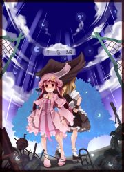Rule 34 | 2girls, bad id, bad pixiv id, bare legs, blush, bobby socks, bow, bracelet, crescent, dress, female focus, fence, hair bow, hand on own hip, hat, highres, jewelry, kirisame marisa, long hair, looking at viewer, multiple girls, nature, outdoors, patchouli knowledge, plant, purple eyes, purple hair, sky, slippers, smile, socks, touhou, trash, uni mate, white legwear, witch hat