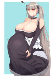 Rule 34 | 13otsu, 1girl, absurdres, annoyed, azur lane, bare shoulders, big belly, black dress, blunt bangs, blush, breasts, choker, cleavage, closed mouth, cowboy shot, dress, formidable (azur lane), frilled dress, frills, gothic lolita, grey hair, hair ribbon, hand on own stomach, highres, huge breasts, lolita fashion, long hair, looking at viewer, low neckline, neckwear between breasts, pregnant, red eyes, ribbon, ribbon choker, shiny skin, solo, standing, twintails, very long hair