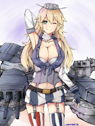 Rule 34 | 10s, 1girl, absurdres, artist name, aruyadita, blonde hair, blue eyes, breasts, cleavage, fingerless gloves, garter straps, gloves, hair between eyes, highres, iowa (kancolle), kantai collection, large breasts, long hair, looking at viewer, midriff, miniskirt, navel, one eye closed, skirt, smile, solo, standing, striped clothes, striped thighhighs, thighhighs, zettai ryouiki