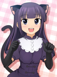 Rule 34 | 1girl, :d, alternate costume, animal ears, bad id, bad pixiv id, blunt bangs, cat ears, cat tail, dress, elbow gloves, gloves, long hair, looking at viewer, open mouth, paw pose, plaid, plaid background, purple eyes, purple hair, smile, solo, tail, totokichi, working!!, yamada aoi