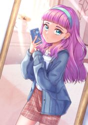 Rule 34 | 1girl, absurdres, akajiyuuki, blue eyes, blue hairband, blue jacket, blue nails, blunt bangs, cellphone, closed mouth, cowboy shot, denim, denim jacket, earrings, hairband, highres, holding, holding phone, indoors, jacket, jewelry, laura la mer, long hair, long sleeves, looking at viewer, miniskirt, mirror, nail polish, open clothes, open jacket, pendant, phone, pink hair, plaid, plaid skirt, precure, selfie, shirt, skirt, sleeves past wrists, smartphone, solo, standing, tropical-rouge! precure, white shirt