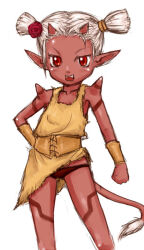 Rule 34 | 1girl, blush, collarbone, colored skin, demon girl, demon horns, demon tail, dragon quest, dragon quest x, dress, fangs, flat chest, flower, gouchin (nyou-tou), hair flower, hair ornament, hand on own hip, horns, leg tattoo, looking at viewer, monster girl, ogre (dq10), open mouth, panties, pointy ears, red eyes, red panties, red skin, short hair, shoulder tattoo, sleeveless, sleeveless dress, smile, square enix, standing, tail, tattoo, teeth, twintails, underwear, white background, white hair, wristband, yellow dress