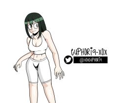 Rule 34 | asui tsuyu, boku no hero academia, breasts, confused, euphoria-xox, frog, frog girl, green hair, looking to the side, self-upload, sports bra, standing, white background