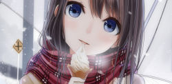 Rule 34 | 1girl, blue eyes, blush, brown hair, food, gradient background, head tilt, holding, holding food, holding umbrella, ice cream, kentaurosu, licking, long hair, looking at viewer, original, plaid, plaid scarf, portrait, power lines, revision, road sign, scarf, sign, snow, snowing, solo, tongue, tongue out, transparent, transparent umbrella, umbrella, winter