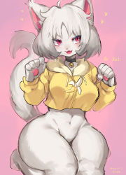 Rule 34 | 1girl, :3, :d, ahoge, animal ear fluff, animal ears, animal nose, artist name, banana, beige fur, black choker, blush, body fur, breasts, cat, cat ears, cat girl, cat tail, choker, claws, food, fruit, furry, furry female, heart, highres, kneeling, large breasts, light brown hair, looking to the side, looking up, medium hair, open mouth, original, paw pose, pawpads, pink background, pink eyes, simple background, slit pupils, smile, solo, suurin (ksyaro), tail, thick thighs, thighs, twitter username