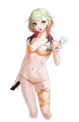 Rule 34 | 1girl, absurdres, areola slip, azur lane, bare arms, bare shoulders, bikini, bikini bridge, blunt bangs, breast tattoo, breasts, cleavage, collarbone, commentary request, cowboy shot, cropped legs, earrings, food, giuseppe garibaldi (azur lane), green hair, highres, holding, holding phone, ice cream, jewelry, looking at viewer, medium breasts, multicolored hair, nail art, nail polish, navel, ohisashiburi, open mouth, orange nails, phone, red eyes, saliva, simple background, skindentation, solo, standing, stomach, strapless, strapless bikini, swimsuit, tattoo, tongue, tongue out, white background