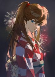 Rule 34 | 1girl, absurdres, blue eyes, blurry, blurry background, brown hair, checkered clothes, checkered kimono, closed mouth, earrings, fireworks, from side, headgear, highres, japanese clothes, jewelry, kimono, long hair, looking at viewer, neon genesis evangelion, solo, souryuu asuka langley, twintails, upper body, yhsg, yukata