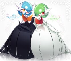 Rule 34 | 2girls, alternate color, arm at side, artist name, bare shoulders, black dress, black gloves, blue hair, blush, bob cut, border, character name, colored skin, creatures (company), dated, dress, elbow gloves, english text, female focus, flat chest, full body, game freak, gardevoir, gen 3 pokemon, gloves, green hair, hair over one eye, hand up, happy, heart, heart in eye, highres, holding hands, interlocked fingers, long dress, looking at viewer, lotosu, mega gardevoir, mega pokemon, multiple girls, nintendo, open mouth, orange eyes, pokemon, pokemon (creature), red eyes, reflective floor, shiny and normal, shiny pokemon, short hair, signature, smile, standing, star (symbol), star in eye, strapless, strapless dress, symbol in eye, white background, white border, white dress, white gloves, white skin