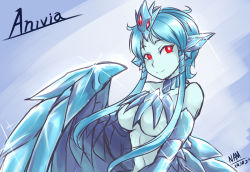 Rule 34 | 1girl, anivia, blue hair, breasts, commentary request, feathered wings, feathers, harpy, large breasts, league of legends, monster girl, nam (valckiry), personification, red eyes, short hair, short hair with long locks, solo, winged arms, wings