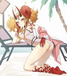 Rule 34 | 1girl, absurdres, arm support, ass, bare shoulders, barefoot, beach, beach chair, blonde hair, breasts, commentary, english commentary, facial mark, fangs, fate/grand order, fate (series), fingernails, floral print, flower, forehead mark, full body, hair flower, hair ornament, hairband, hand on own cheek, hand on own face, hibiscus, highres, horns, ibaraki douji (fate), ibaraki douji (fate/grand order), ibaraki douji (swimsuit lancer) (fate), ibaraki douji (swimsuit lancer) (second ascension) (fate), japanese clothes, kimono, unworn kimono, kiritzugu, kneeling, looking at viewer, one-piece swimsuit, oni, oni horns, palm tree, pink kimono, sharp fingernails, sharp toenails, shore, small breasts, smile, smug, solo, swimsuit, tattoo, thighs, toenails, tree, twintails, white one-piece swimsuit, yellow eyes