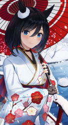 Rule 34 | 1girl, alternate costume, animal ears, black hair, blue eyes, blush, bridge, cherry blossom print, choker, closed mouth, eishin flash (umamusume), fingerless gloves, floral print, gloves, hair between eyes, highres, holding, holding umbrella, horse ears, horse girl, japanese clothes, kimono, lace, lace-trimmed gloves, lace trim, looking at viewer, may9, obi, oil-paper umbrella, red umbrella, sash, scrunchie, short hair, snow, snowing, solo, umamusume, umbrella, white kimono