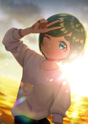 Rule 34 | 1girl, absurdres, aqua eyes, backlighting, blurry, blurry background, blush, cloud, cloudy sky, futomayu-chan (sinohira rin), green hair, grey sweater, highres, lens flare, looking at viewer, one eye closed, original, parted lips, short hair, sinohira rin, sky, solo, sweater, v