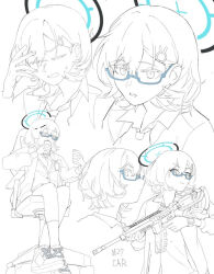 Rule 34 | 1girl, assault rifle, blue-framed eyewear, blue archive, can, cardigan, cellphone, chair, chihiro (blue archive), closed mouth, collared shirt, cropped shoulders, cross-laced footwear, greyscale, gun, h&amp;k hk416, hair ornament, hairclip, holding, holding can, holding gun, holding phone, holding weapon, jacket, looking at viewer, monochrome, necktie, office chair, on chair, phone, rifle, round teeth, semi-rimless eyewear, shirt, shoes, short hair, sitting, small sweatdrop, smartphone, sneakers, socks, spot color, swivel chair, teeth, trigger discipline, umiwashi, under-rim eyewear, watch, weapon, wristwatch