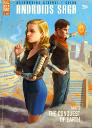 Rule 34 | 1boy, 1girl, aircraft, airplane, android 17, android 18, astor alexander, black hair, blonde hair, blowing smoke, blue eyes, brother and sister, building, burning, commentary, cover, downscaled, dragon ball, dragonball z, earrings, explosion, fake cover, finger gun, fire, giant, giant male, hand in pocket, highres, jewelry, laser, lipstick, makeup, mechanical arms, neckerchief, no legwear, parody, pencil skirt, realistic, red lips, resized, retro artstyle, siblings, single mechanical arm, skirt, style parody