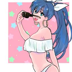 Rule 34 | 1girl, :d, aqua eyes, arm behind back, bare arms, bare shoulders, bikini, blue hair, blush, border, earrings, unworn eyewear, fangs, female focus, from side, ganaha hibiki, hair between eyes, hair ribbon, hand up, happy, holding, holding removed eyewear, hoop earrings, idolmaster, idolmaster (classic), jewelry, long hair, looking at viewer, looking to the side, navel, neck, nezumoto, off-shoulder shirt, off shoulder, open mouth, outline, panties, pink background, ponytail, ribbon, round teeth, shirt, smile, solo, standing, star (symbol), starry background, sunglasses, swimsuit, teeth, underwear, white border, white panties, white ribbon, white shirt