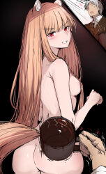 Rule 34 | 1boy, 1girl, animal ears, ass, back, black background, blunt bangs, blush, breasts, brown hair, coffee, coffee mug, commentary, completely nude, cowboy shot, craft lawrence, cross-section, cup, curvy, from behind, grin, hair over breasts, hair over shoulder, hand up, hetero, highres, holding, holding cup, holo, long hair, looking at viewer, looking back, medium breasts, mug, nude, pov, pov hands, red eyes, sak1 01, sideboob, sidelocks, simple background, sketch, smile, solo focus, spice and wolf, straight hair, surprised, tail, trembling, v-shaped eyebrows, very long hair, wolf ears, wolf girl, wolf tail