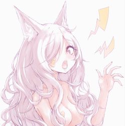 Rule 34 | 1girl, animal ear fluff, animal ears, bad id, bad pixiv id, bandaid, bandaid on cheek, bandaid on face, bandaids on nipples, blush, breasts, buran (kure), claw pose, collarbone, fingernails, fox ears, grey background, hair over one eye, hand up, highres, long hair, looking at viewer, medium breasts, nude, open mouth, original, pasties, simple background, solo, upper body, very long hair, white hair, yellow eyes