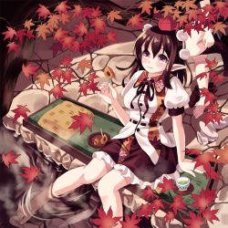 Rule 34 | 1girl, arm support, autumn leaves, bad id, bad pixiv id, barefoot, black hair, black ribbon, black skirt, blush, breasts, closed mouth, dress shirt, frilled skirt, frills, gorota, hat, leaf, leaf print, looking up, maple leaf, medium breasts, neck ribbon, out of frame, partially submerged, pointy ears, pom pom (clothes), puffy short sleeves, puffy sleeves, red eyes, ribbon, shameimaru aya, shirt, short sleeves, sitting, skirt, smile, solo focus, tokin hat, touhou, white shirt