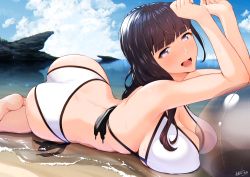 Rule 34 | 1girl, ass, bikini, black hair, blue sky, blunt bangs, blush, breast press, breasts, cloud, cloudy sky, day, large breasts, long hair, looking at viewer, lower teeth only, lying, nanahime, on stomach, open mouth, original, purple eyes, shore, sky, solo, swimsuit, teeth, water, white bikini