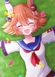 Rule 34 | 1girl, absurdres, animal ears, bare shoulders, blush, closed eyes, clover, commentary request, confetti, daruma doll, flipped hair, four-leaf clover, hair between eyes, highres, horse ears, horse girl, matikanefukukitaru (umamusume), on grass, on ground, open mouth, orange hair, outstretched arms, shirt, short hair, smile, solo, spread arms, tyamu mu, umamusume, upper body, white shirt