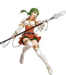 Rule 34 | 1girl, armor, belt, boots, breastplate, dress, elbow gloves, fingerless gloves, fire emblem, fire emblem: the sacred stones, fire emblem heroes, full body, gloves, gold trim, green eyes, green hair, highres, holding, holding weapon, leg up, long hair, looking away, low ponytail, nintendo, non-web source, official art, open mouth, polearm, ponytail, short dress, shoulder armor, shoulder pads, sidelocks, sleeveless, spear, teeth, thigh boots, thighhighs, transparent background, uroko (mnr), vanessa (fire emblem), weapon, zettai ryouiki