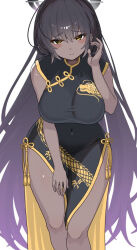 1girl alternate_costume bare_arms bare_legs between_legs black_dress black_hair blue_archive blush breasts china_dress chinese_clothes covered_navel dark-skinned_female dark_skin dragon_print dress frown furrowed_brow gradient_hair hair_between_eyes halo hand_between_legs karin_(blue_archive) large_breasts leaning_forward long_hair looking_at_viewer multicolored_hair mushipan_(mushipann26) print_dress purple_hair sleeveless sleeveless_dress solo taut_clothes taut_dress thighs very_long_hair white_background yellow_eyes