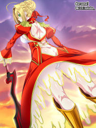 Rule 34 | 10s, 1girl, absurdres, aestus estus, ahoge, armored boots, artist name, ass, back, back cutout, blonde hair, boots, braid, breasts, clothing cutout, cloud, dress, epaulettes, evening, fate/extra, fate/grand order, fate (series), french braid, from behind, from below, green eyes, hair between eyes, hair bun, hair intakes, hair ribbon, highres, juliet sleeves, kneepits, large breasts, leotard, long sleeves, looking at viewer, looking back, nero claudius (fate), nero claudius (fate) (all), nero claudius (fate/extra), puffy long sleeves, puffy sleeves, red dress, red ribbon, ribbon, sakura kanawo, see-through, sideboob, single hair bun, sky, smile, solo, sword, thong, weapon, white leotard, wind, wind lift