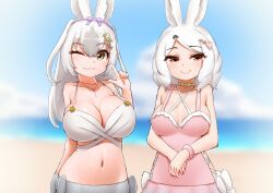 Rule 34 | 2girls, ;), animal ears, arctic hare (kemono friends), arm behind back, beach, bikini, black hair, blurry, blurry background, bow, bow choker, bow hairband, breasts, choker, cleavage, closed mouth, collarbone, crescent, crescent hair ornament, day, double-parted bangs, grey hair, hair ornament, hairband, half-closed eyes, hand up, heart, heart hair ornament, highres, horizon, jewelry, kemono friends, kemono friends 3, large breasts, long hair, looking at viewer, medium breasts, multicolored hair, multiple girls, navel, ocean, official alternate hairstyle, one-piece swimsuit, one eye closed, outdoors, own hands together, parted bangs, pendant, pink one-piece swimsuit, rabbit ears, red eyes, sand, side-by-side, smile, snowshoe hare (kemono friends), stomach, strap gap, swimsuit, two-tone hair, upper body, v, white bikini, white hair, yellow eyes, yonkuron