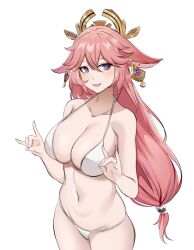 Rule 34 | 1girl, :d, absurdres, animal ears, azmi yudista, bare arms, bare shoulders, bikini, breasts, commentary, cowboy shot, fox ears, genshin impact, hair between eyes, highres, large breasts, long hair, looking at viewer, low-tied long hair, navel, open mouth, pink hair, purple eyes, simple background, smile, solo, standing, stomach, swimsuit, very long hair, white background, white bikini, yae miko