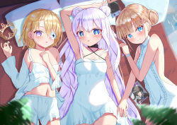 Rule 34 | + +, 3girls, :&lt;, absurdres, azur lane, blonde hair, bloomers, blue eyes, breasts, commentary, covered navel, criss-cross halter, crown, double bun, dress, eyepatch, hair bun, halter dress, halterneck, highres, holding hands, humo, le malin (azur lane), le malin (sleepy sunday) (azur lane), le terrible (azur lane), le terrible (silence slumber and solace) (azur lane), le triomphant (azur lane), long hair, lying, meme attire, multiple girls, navel, nintendo switch, on back, open mouth, pajamas, photo (object), pillow, purple eyes, ribs, short hair, sideboob, silver hair, small breasts, stomach, sundress, sweater, triangle mouth, underwear, very long hair, virgin killer sweater, white dress, white sweater
