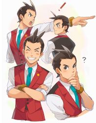 Rule 34 | !, 1boy, ?, absurdres, ace attorney, antenna hair, apollo justice, aqua necktie, arm at side, blush stickers, bracelet, brown eyes, brown hair, brown vest, buttons, closed eyes, collared shirt, cropped arms, cropped legs, cropped torso, crossed arms, formal, from behind, grin, hand on own chin, highres, jewelry, lapel pin, lapels, male focus, multiple views, necktie, open mouth, pointing, red suit, red vest, shirt, short hair, simple background, sleeves rolled up, smile, suit, teeth, thinking, two-tone vest, upper body, upper teeth only, v-shaped eyebrows, vest, wasshoi murano, white background, white shirt