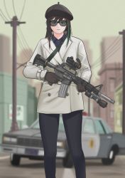 Rule 34 | 1girl, assault rifle, black gloves, black hair, black hat, black pants, blurry, blurry background, brown gloves, building, car, cityscape, colt commando, girls&#039; frontline, gloves, green hair, gun, hat, highres, holding, holding gun, holding weapon, jacket, long hair, long sleeves, m4a1 (girls&#039; frontline), motor vehicle, multicolored hair, outdoors, pants, parabellum, police car, rifle, scope, solo, standing, streaked hair, sunglasses, utility pole, weapon, white jacket