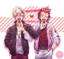 Rule 34 | 2boys, ;d, alternate costume, artist name, bakugou katsuki, belt, belt buckle, black belt, black jacket, blonde hair, blush, boku no hero academia, bracelet, breast pocket, buckle, buttons, casual, character name, chromatic aberration, clothes writing, collared shirt, commentary, copyright name, diagonal stripes, double horizontal stripe, double vertical stripe, drawstring, dress shirt, drop shadow, ear piercing, earrings, eyeliner, eyes visible through eyewear, eyes visible through hair, eyeshadow, eyewear on head, eyewear visible through hair, fangs, fashion, feeding, fingernails, floral print, flower (symbol), food, food-themed earrings, food-themed hair ornament, food print, food themed earrings, fruit, furrowed brow, hair ornament, hairpin, hand in pocket, hand up, heart, heart-shaped eyewear, holding, holding food, holding fruit, hood, hooded jacket, jacket, jewelry, kirishima eijirou, leather belt, letterman jacket, long sleeves, looking at viewer, lowah, makeup, male focus, multiple boys, multiple piercings, multiple rings, mutual feeding, one eye closed, open clothes, open jacket, open mouth, ornate ring, outline, pants, pectoral cleavage, pectorals, piercing, pink-framed eyewear, pink-tinted eyewear, pink nails, pink theme, pocket, print shirt, red eyeliner, red eyes, red eyeshadow, red hair, red nails, red shirt, ring, scar, scar across eye, scar on face, sharp teeth, shirt, short eyebrows, short hair, side-by-side, signature, sleeves rolled up, smile, spiked hair, standing, star (symbol), sticker, straight-on, strawberry, strawberry earrings, strawberry hair ornament, strawberry print, striped, symmetrical hand pose, teeth, text background, tinted eyewear, tumblr username, twitter username, upper body, v-neck, v-shaped eyebrows, watermark, white hood, white outline, white shirt, white sleeves, x, yellow-framed eyewear, zipper, zipper pull tab