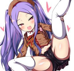 Rule 34 | 1girl, ass, black panties, brown shirt, brown skirt, cameltoe, cleft of venus, crime prevention buzzer, fate/grand order, fate (series), hat, leg lift, leg up, long hair, midriff, naughty face, navel, open mouth, panties, presenting, purple eyes, purple hair, school uniform, serafuku, shiki (catbox230123), shirt, sitting, skirt, smile, solo, spread legs, thighhighs, twintails, underwear, white thighhighs, wu zetian (fate)