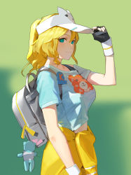 Rule 34 | 1girl, absurdres, aqua eyes, backpack, bag, bag charm, black gloves, blonde hair, blue shirt, charm (object), closed mouth, fingerless gloves, gloves, green background, hair between eyes, high ponytail, highres, looking at viewer, original, outdoors, rocher-hd, shirt, short sleeves, standing, sweater, tied sweater, visor cap, wangzhe rongyao, wristband, yellow sweater